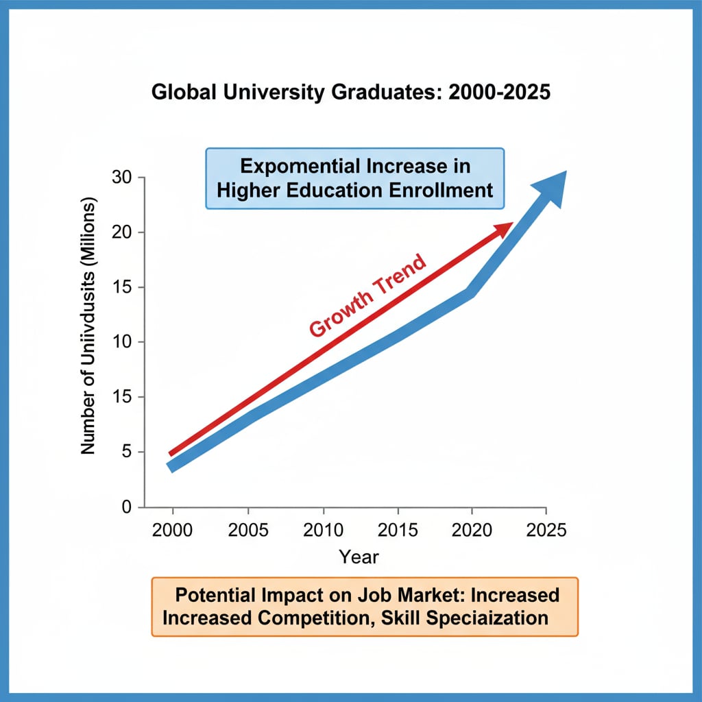A graph showing the increasing number of university graduates over the years, highlighting the growth trend in higher education enrollment and its potential impact on the job market. Graph depicting the growth of university graduates over time and its relation to the job market and career development.