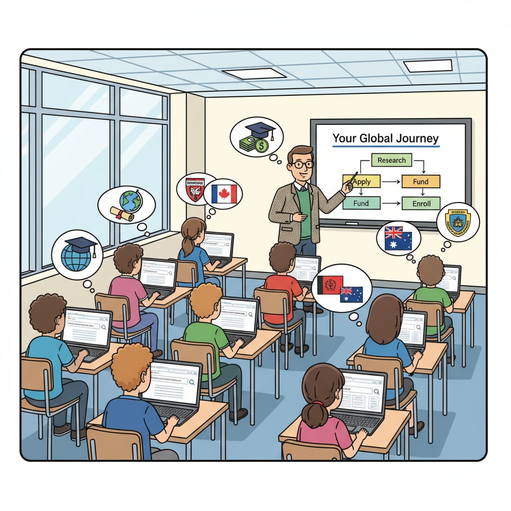 Students are sitting in front of their computers, searching for information related to overseas university applications and scholarships. Students researching online for overseas university applications and scholarships