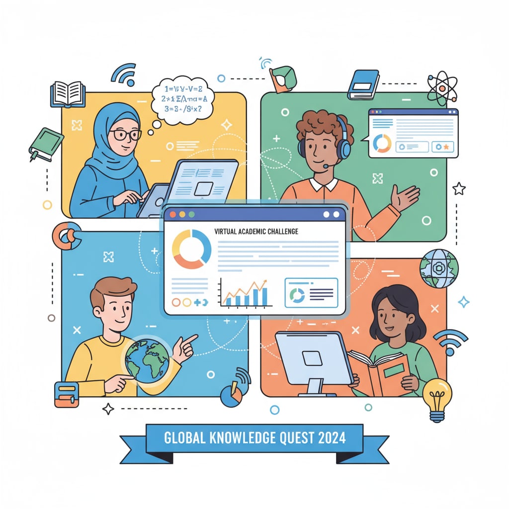 A group of students are participating in a virtual academic competition, collaborating remotely. Students participating in a virtual academic competition