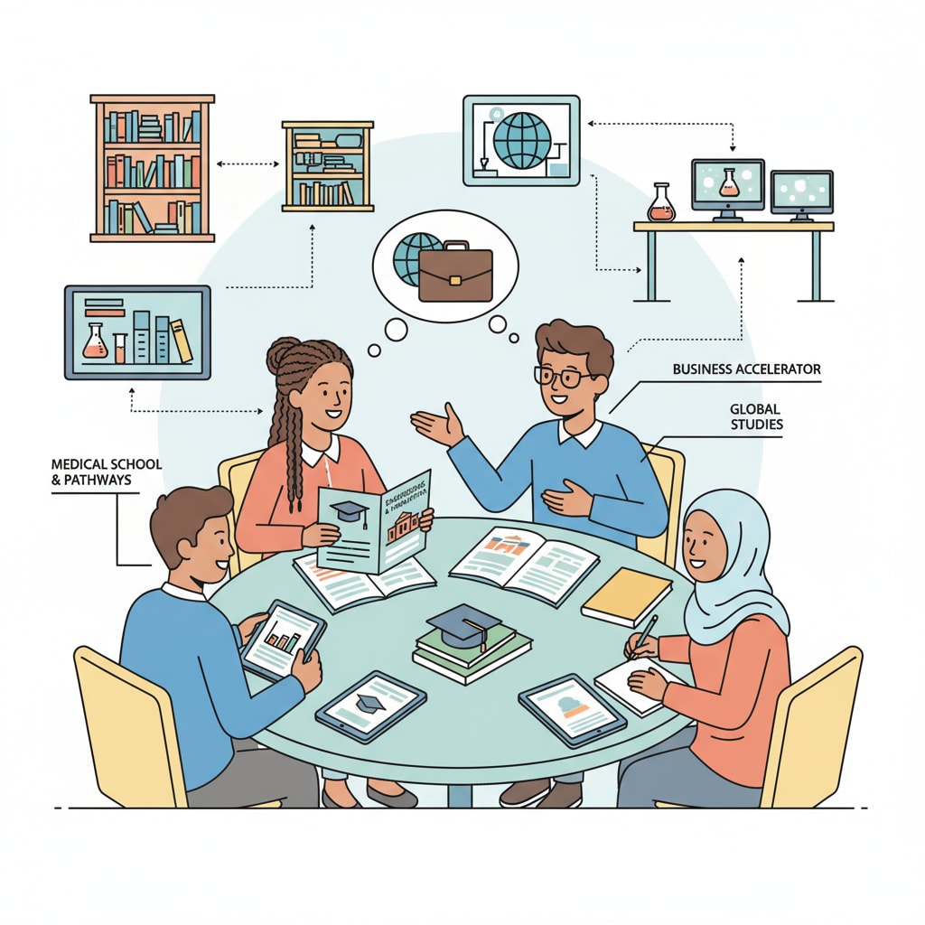 A group of students are engaged in a discussion about their future career paths and education options, with some looking at brochures and others sharing their thoughts. Students discussing degree enhancement, career choices, and returning to campus for education