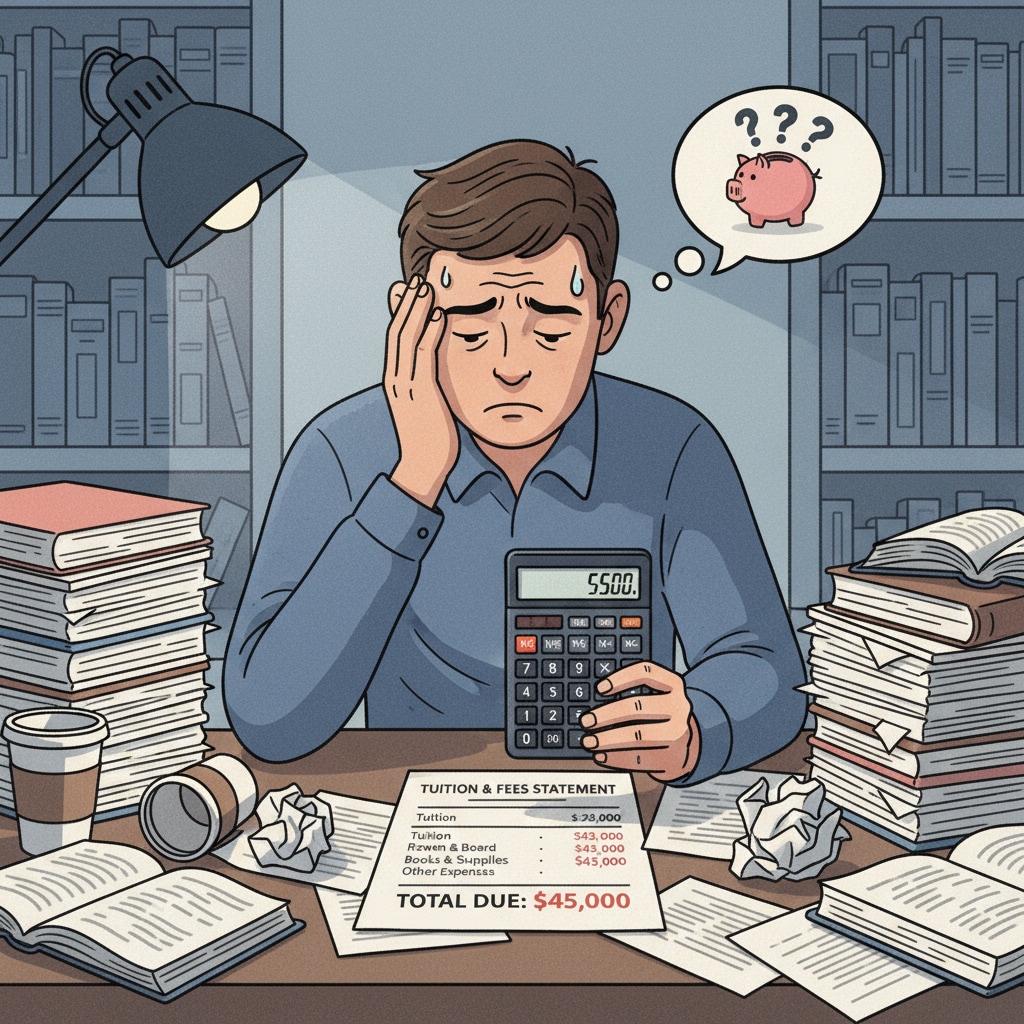 A student is sitting at a desk, looking at a tuition fee statement and using a calculator to figure out the cost of further education, with a worried expression on their face. Student calculating the financial implications of degree enhancement, career choices, and returning to campus for education