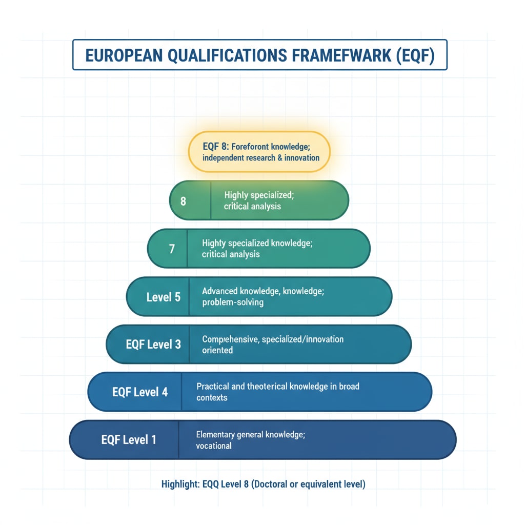 An illustration showing the different levels of the European Qualifications Framework with EQF 8 highlighted European Qualifications Framework with EQF 8 emphasized for online education and qualification certification