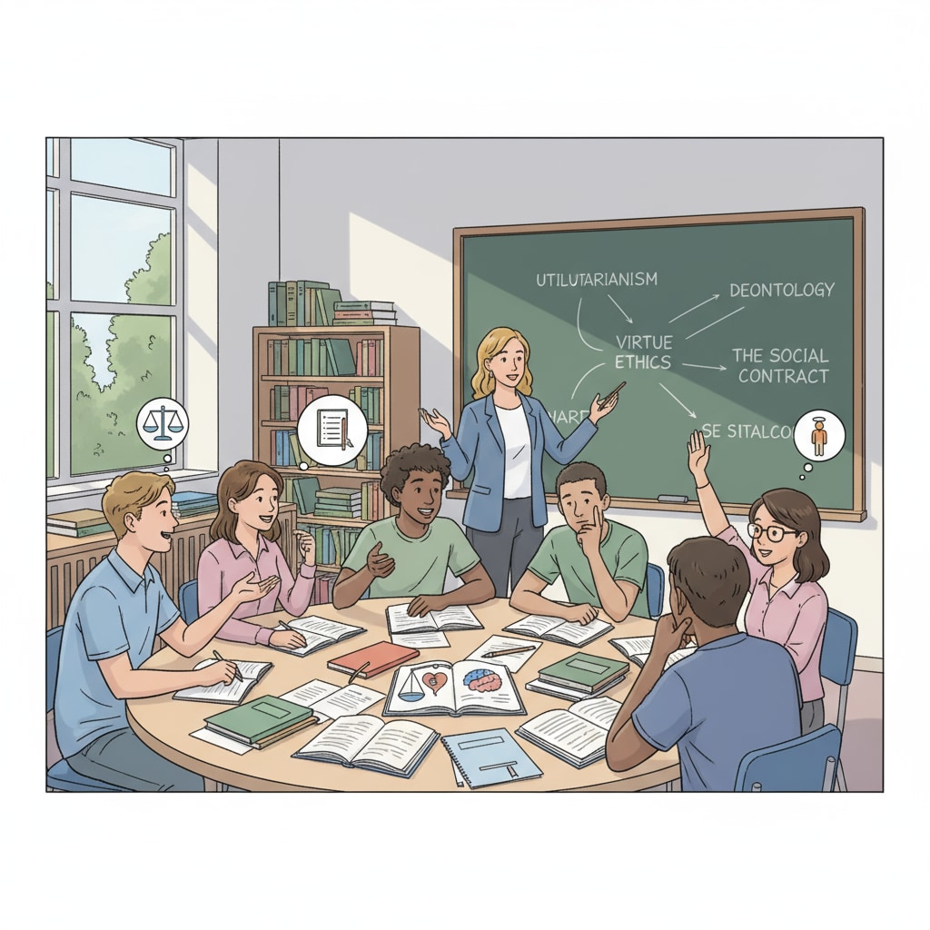 Students discussing moral philosophy in a classroom related to moral philosophy, ethics, empathy, compulsory courses