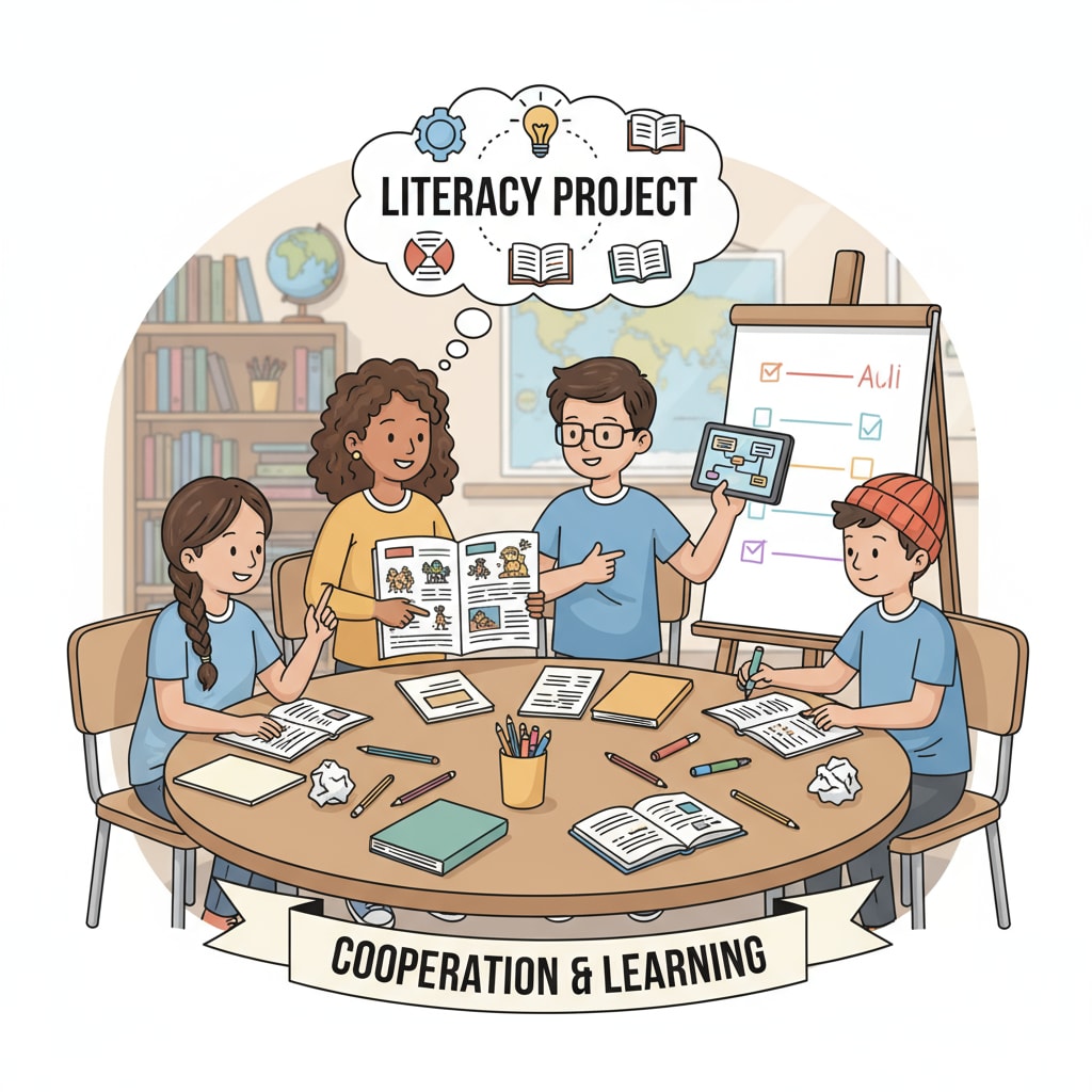 A group of teenagers are gathered around a table, discussing and working on a literacy project together, showing cooperation and learning. Teenagers collaborating on a literacy project in youth education basic literacy teaching