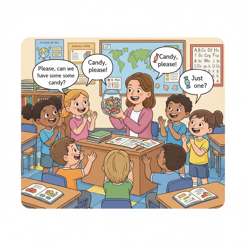A group of students smiling and asking their teacher for candy in a classroom. This shows the common situation of students making requests in a school environment related to the issues of school relationships, kinship interactions, children's behavior, and workplace troubles. Students asking teacher for candy in school related to school relationships, kinship interactions, children's behavior, and workplace troubles