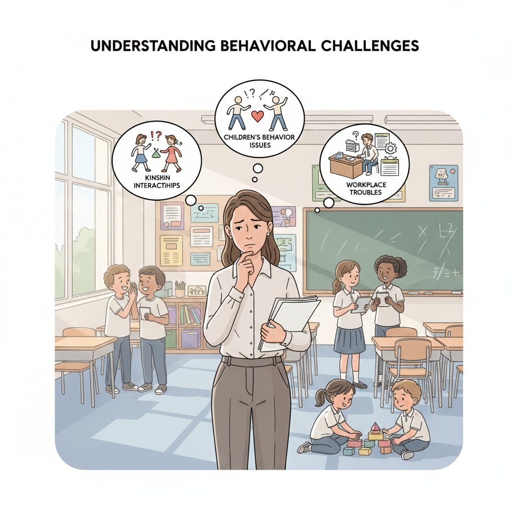 A teacher looking thoughtful while students are chatting nearby. This depicts the teacher's state of mind when dealing with the issues regarding students' behavior, which is relevant to school relationships, kinship interactions, children's behavior, and workplace troubles. Teacher thinking about students' behavior related to school relationships, kinship interactions, children's behavior, and workplace troubles