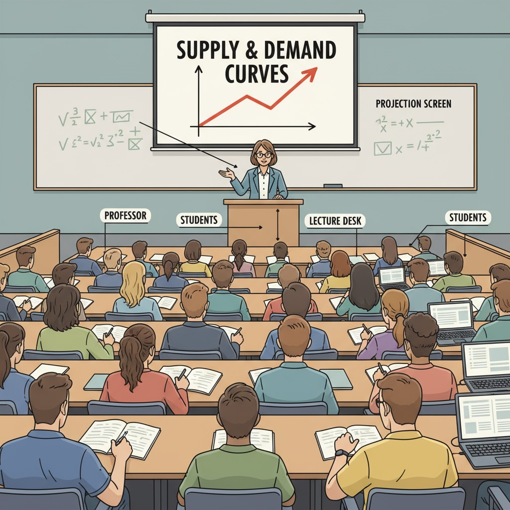 A group of students sitting in a lecture hall, looking focused as the professor speaks at the front. Students paying attention during a university lecture