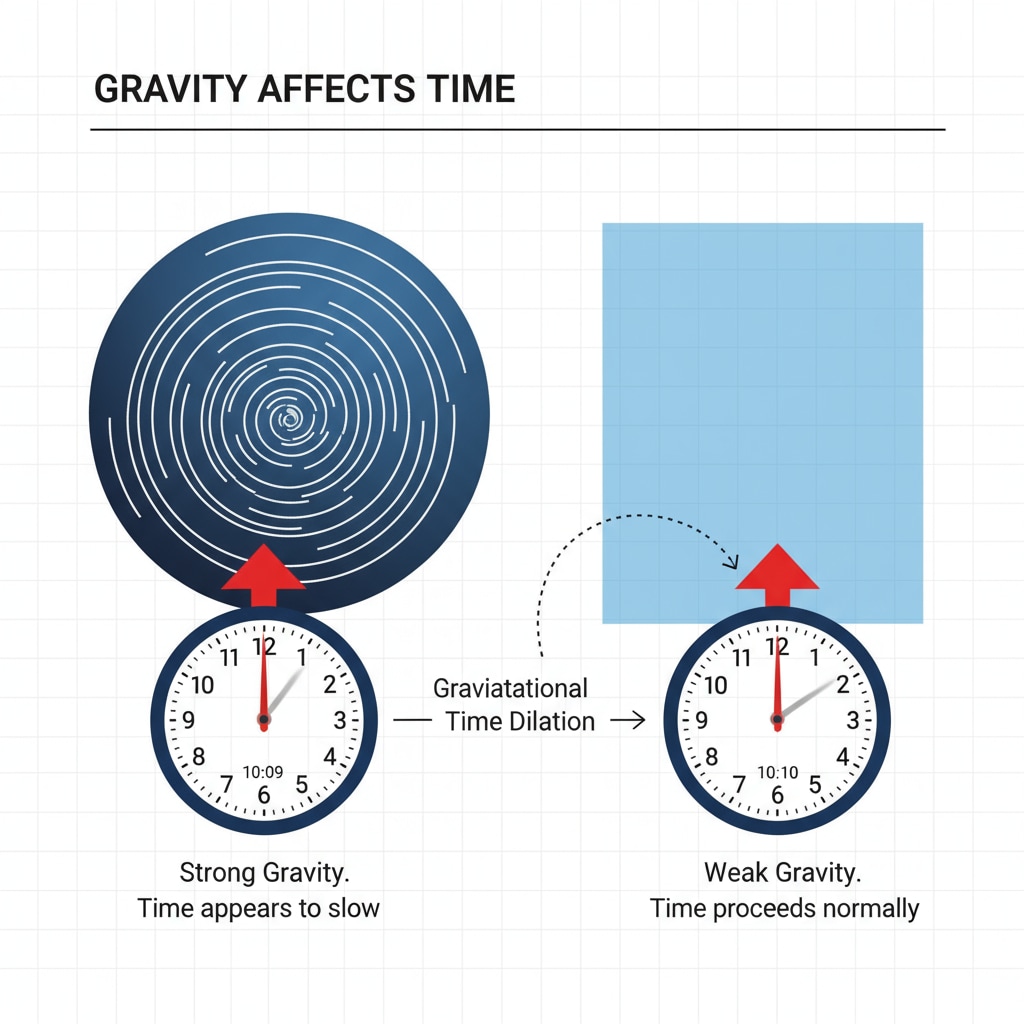 An illustration depicts two clocks, one near a massive object representing a strong gravitational field and the other in a region with a weaker gravitational field. The clock in the strong gravitational field appears to tick more slowly, demonstrating time dilation due to gravity. Time dilation due to gravity shown by two clocks in different gravitational fields