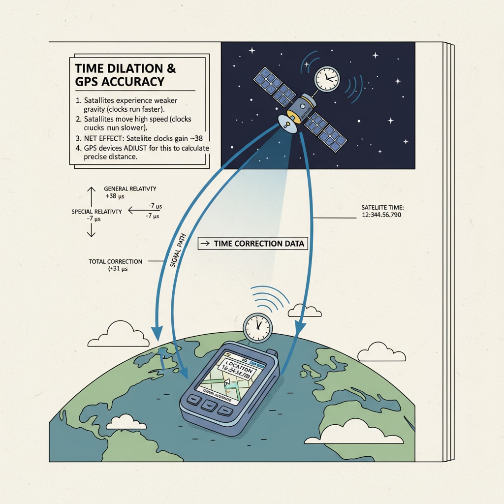 A picture shows a GPS device on the ground and a satellite in orbit. Lines connect them to indicate the relationship between the satellite's timekeeping and the GPS's accuracy, highlighting the role of time dilation in GPS systems. The connection between time dilation and GPS systems shown by a GPS device and a satellite