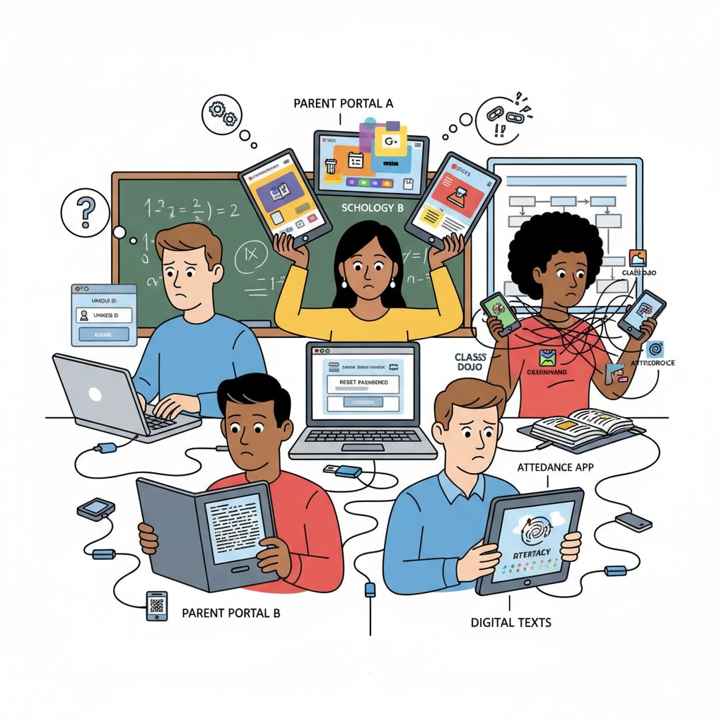 A group of parents looking confused while handling multiple digital devices representing school account systems Parents confused about multiple school account systems including Peachjar and Securely