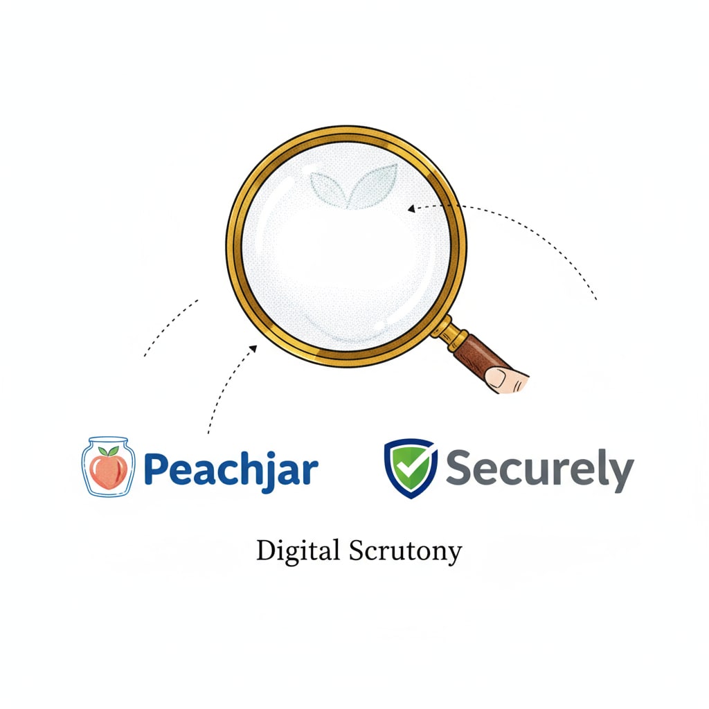 A magnifying glass hovering over the logos of Peachjar and Securely, symbolizing the scrutiny Scrutiny of Peachjar and Securely in K12 education