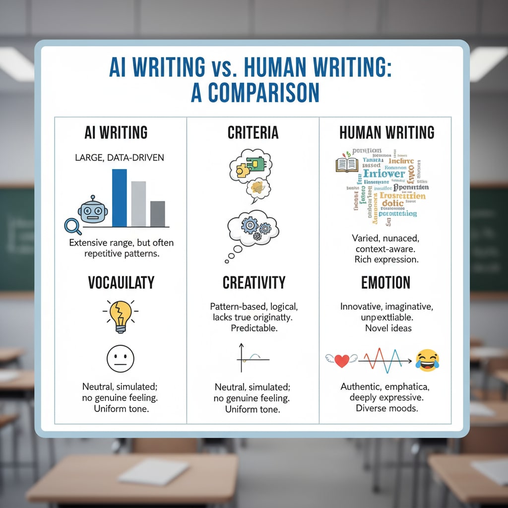 A visual comparison chart highlighting the differences between AI writing and human writing in terms of vocabulary, creativity, and emotion. Comparison of AI writing and human writing characteristics