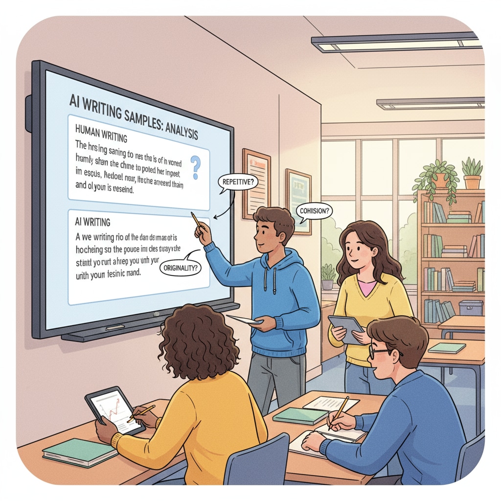 A classroom scene where students are gathered in a group, discussing and analyzing examples of AI writing. Students discussing AI writing in a classroom setting related to authenticity and writing characteristics