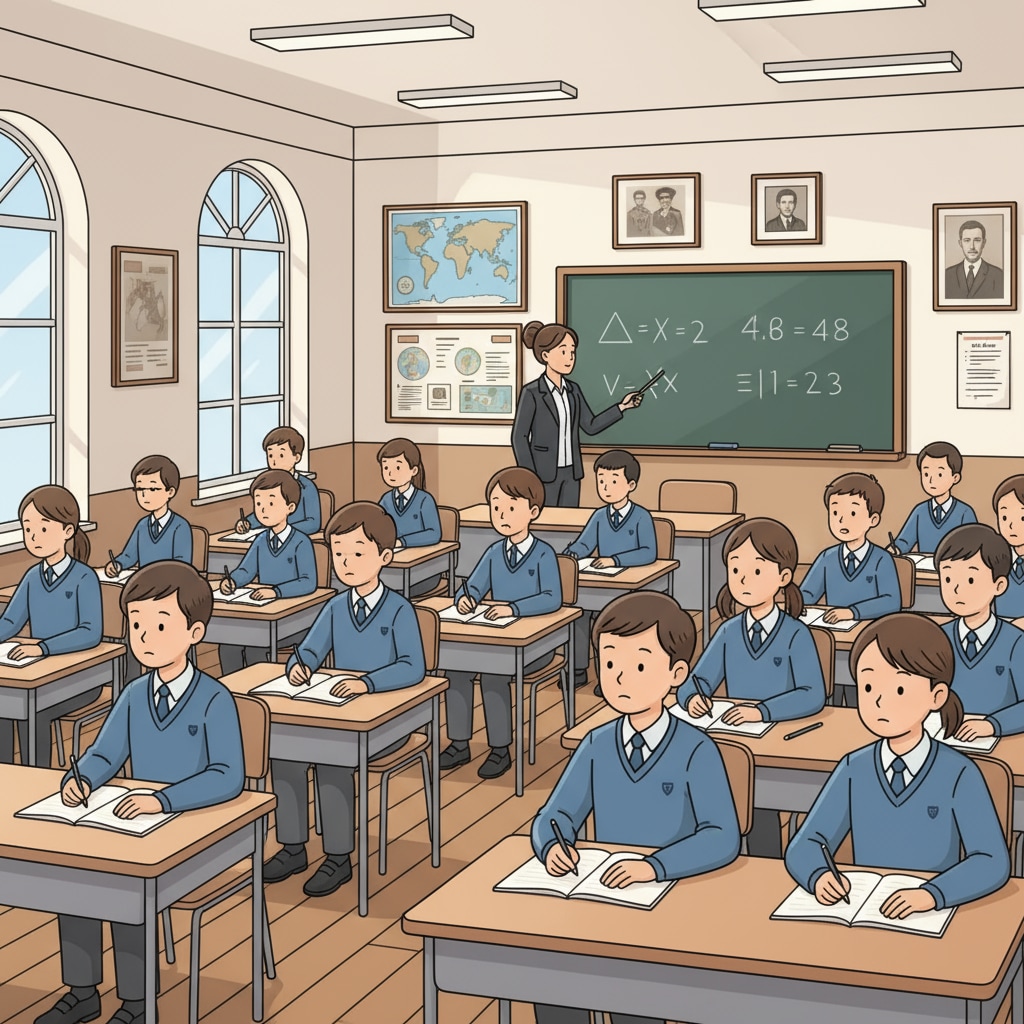 A classroom scene shows students sitting in rows, quietly following the teacher's instructions, with a lack of excitement or inquisitive expressions. A classroom environment emphasizing obedience over curiosity