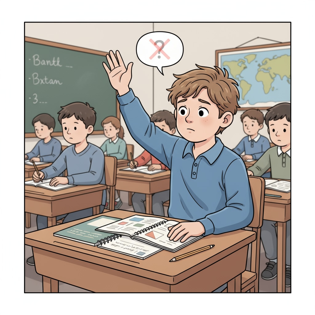 A student is sitting at a desk, looking a bit hesitant with a raised hand, as if unsure whether to ask a question in a formal classroom setting. A student's hesitation to express curiosity due to classroom norms