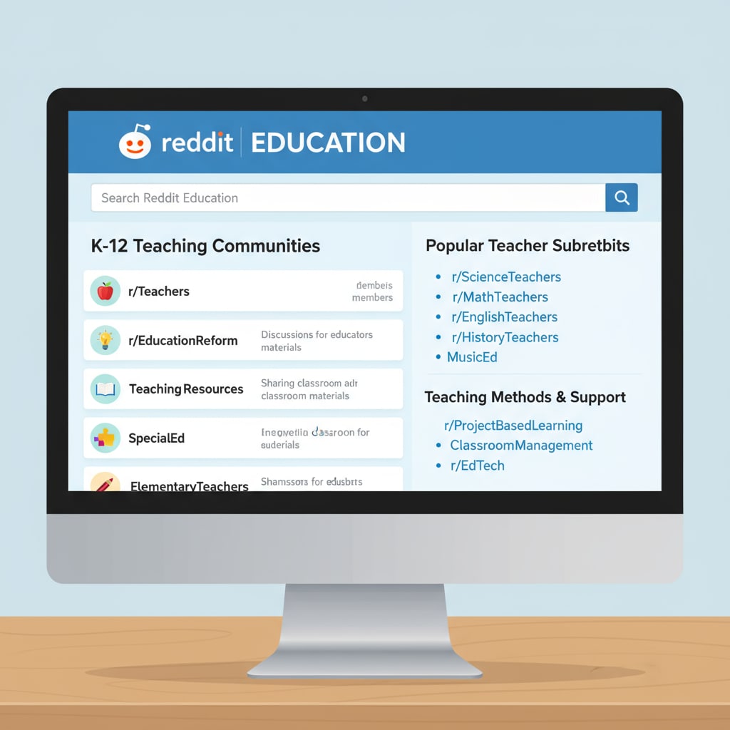 A screenshot of the main Reddit education page showing various subreddits related to K12 teaching, including links to popular subreddits for teachers to share resources and discuss teaching methods. Reddit education main page with educational subreddits and submission guidelines in sight