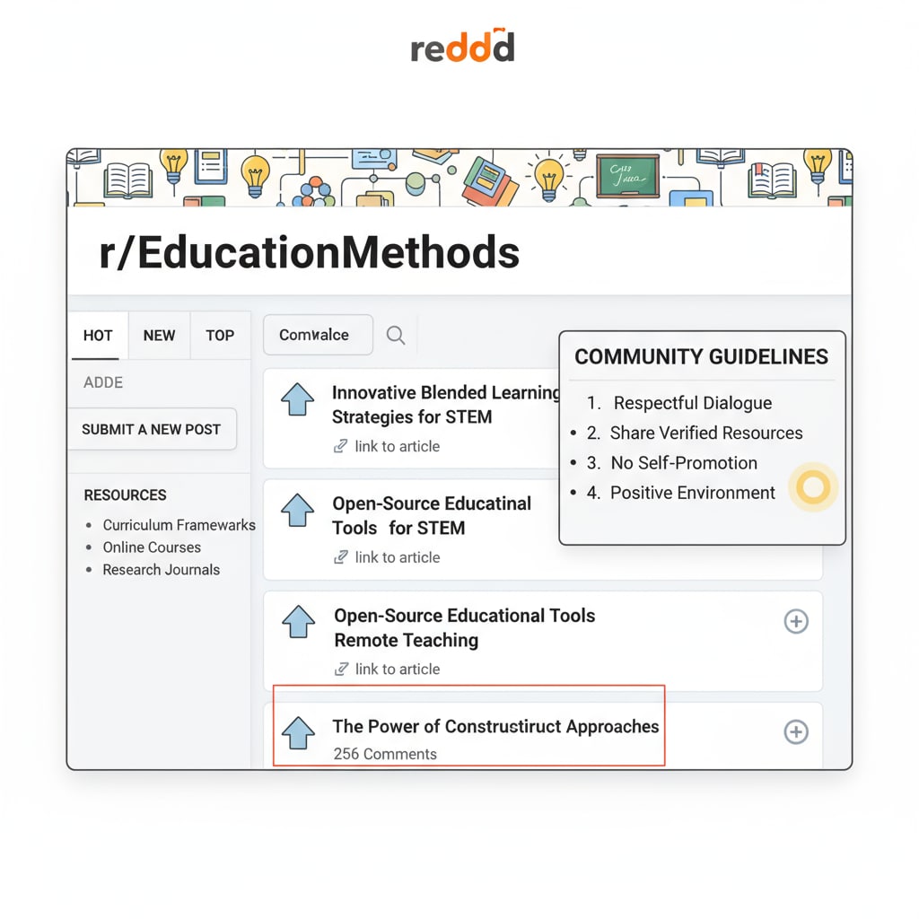 A close-up view of a popular education subreddit page with discussions about teaching strategies and links to educational resources, highlighting the importance of community rules in maintaining a positive environment. Close-up of an education subreddit page with visible educational community rules and submission guidelines