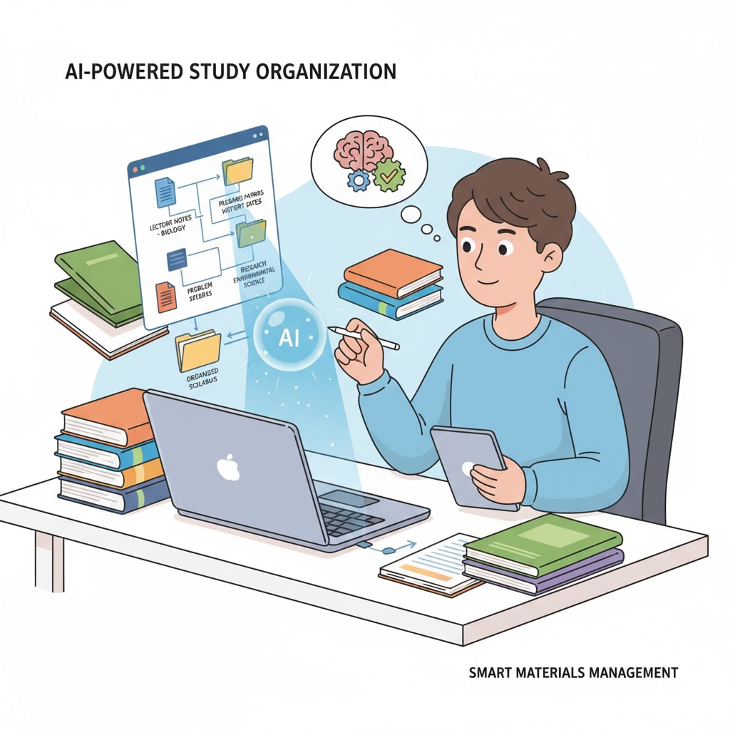 An illustration depicting a student utilizing an AI tool to arrange study materials in an organized manner. A student using AI learning tools for efficient study