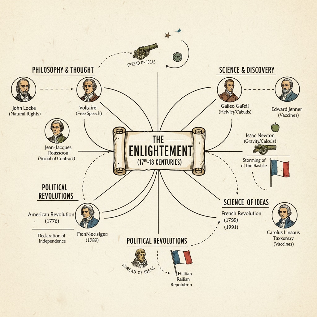 A mind map with a historical theme, showing how different events and figures branch out from a central era. Mind map for historical learning to enhance efficiency