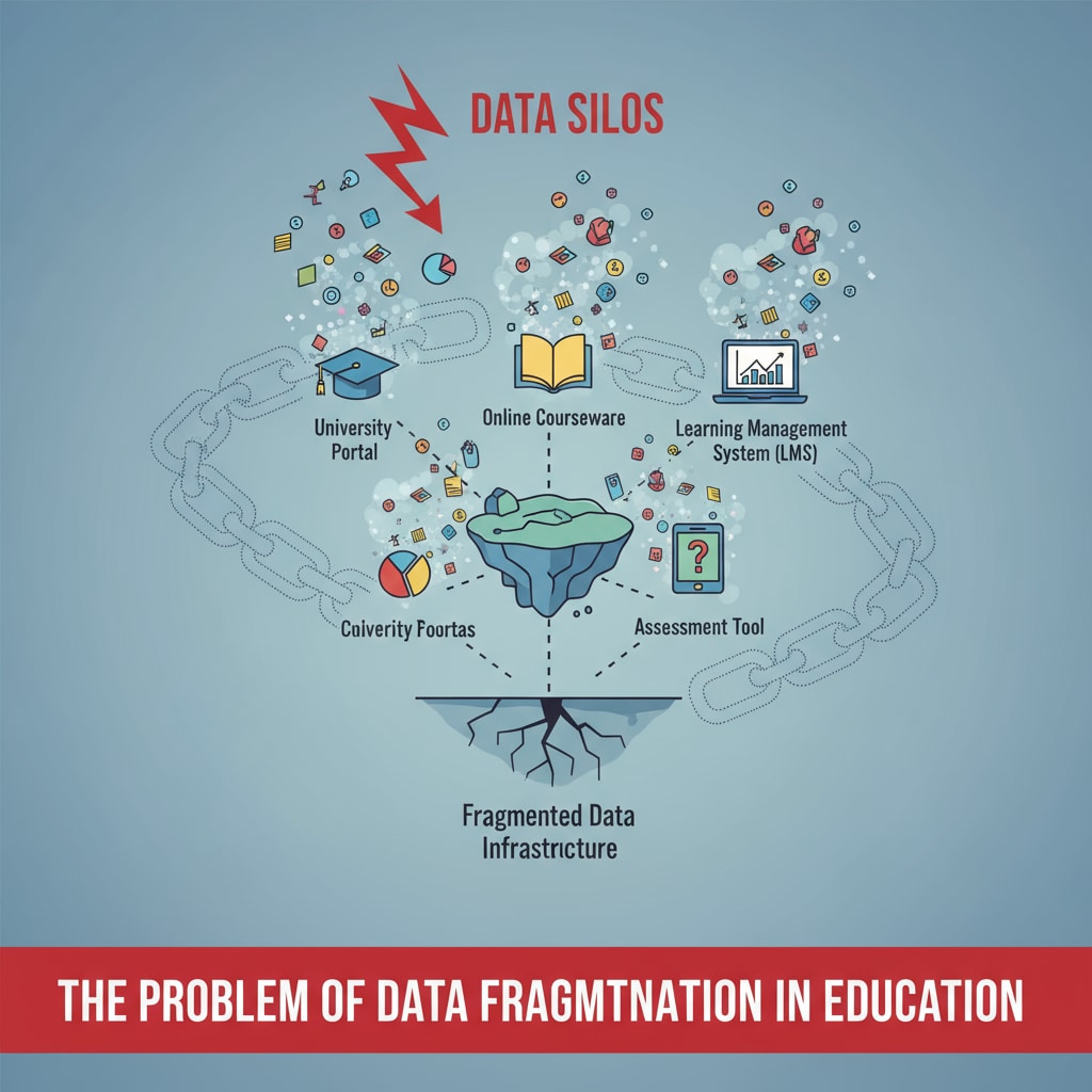 An illustration showing multiple educational platforms with data scattered around, highlighting the problem of data fragmentation in the education sector. An illustration depicting the issue of data fragmentation relevant to AI learning centers, data integration, and teacher insights