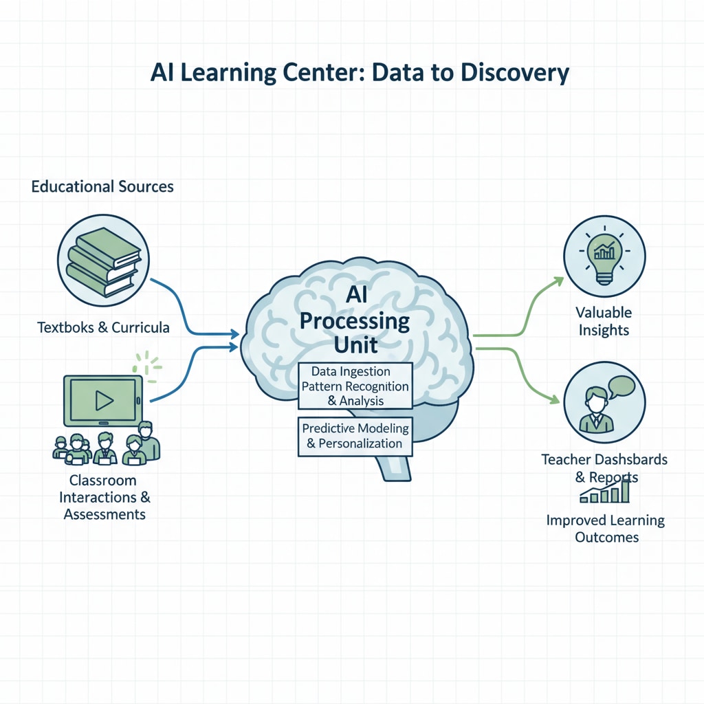 A diagram demonstrating how an AI learning center collects data from various educational sources, processes it, and presents valuable insights to teachers. A diagram representing the functionality of an AI learning center for data integration and providing teacher insights