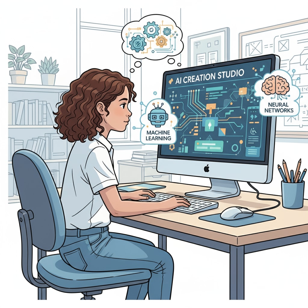 A young girl is sitting in front of a computer, her eyes fixed on the screen as she explores AI creation software. A girl engaged in AI creation, highlighting children's AI use and sparking parents' concerns.