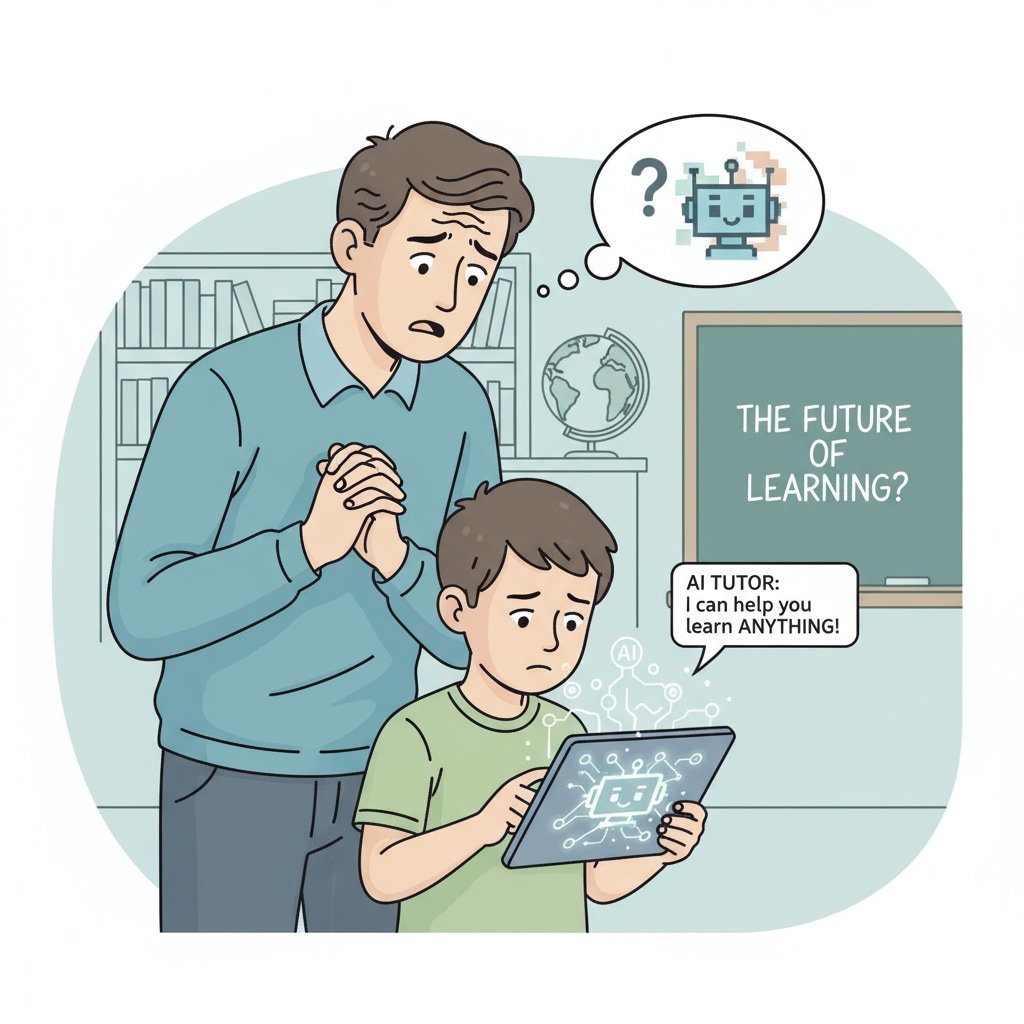 A parent is standing beside a child using a device with an AI interface, wearing a worried expression. A concerned parent watching a child's AI use, representing parents' concerns in the context of children's AI exploration.