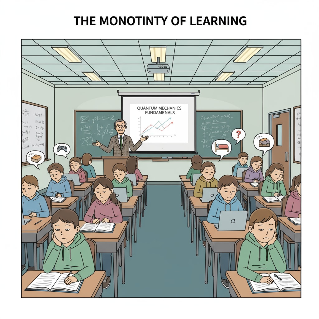 A classroom with students sitting in rows, looking uninterested during a lecture. A scene depicting the limitations of traditional teaching methods in the education system