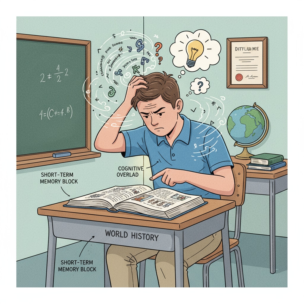 A student is sitting at a desk, looking frustrated while trying to memorize from a textbook. A student struggling with rote memorization due to traditional teaching methods