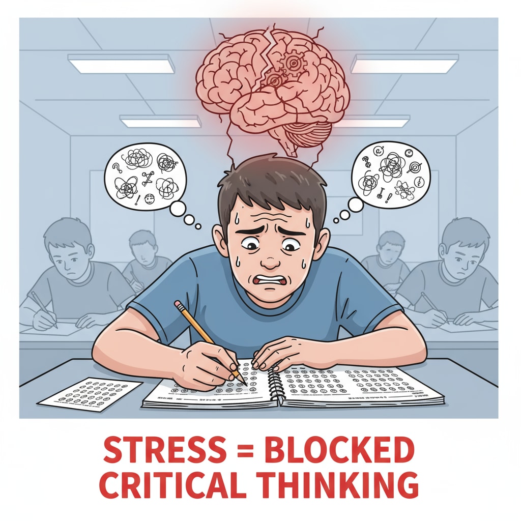 A student looking stressed while taking a standardized test, highlighting the negative impact on critical thinking A secondary education student under stress during a standardized test, showing the impact on critical thinking