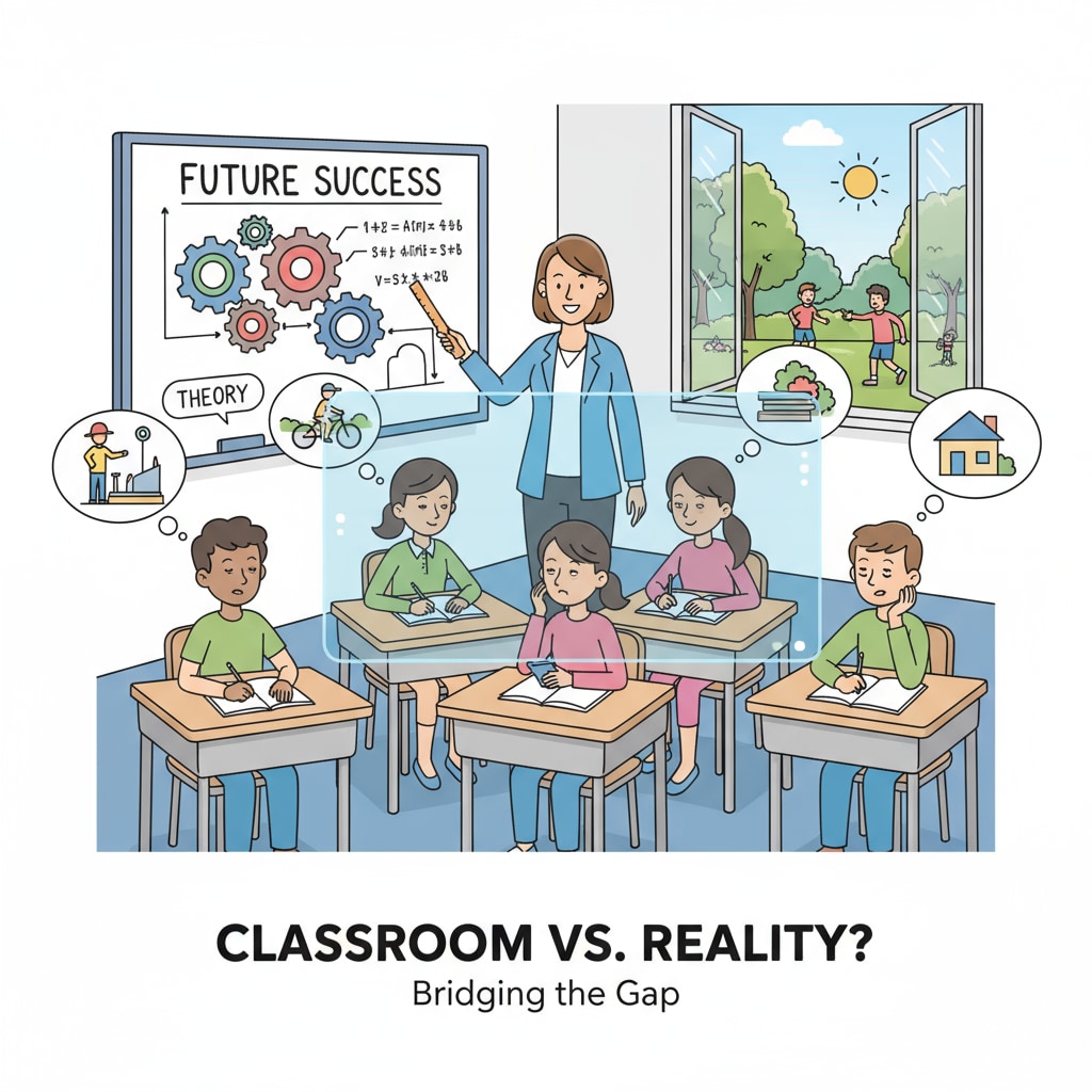 A classroom scene with students listening to the teacher, but looking a bit disengaged, symbolizing the potential disconnect between education and real life Classroom scene showing potential disconnect between school education, practicality, and performance evaluation