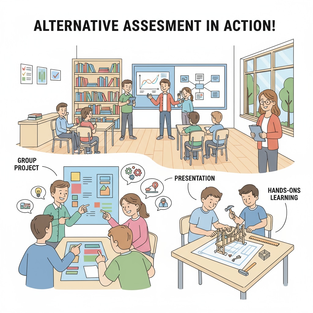A classroom scene where students are engaged in various activities during an alternative assessment, such as group discussions, hands-on projects, and presentations. Students engaged in alternative assessment activities related to student assessment, educational perspectives, and teaching strategies