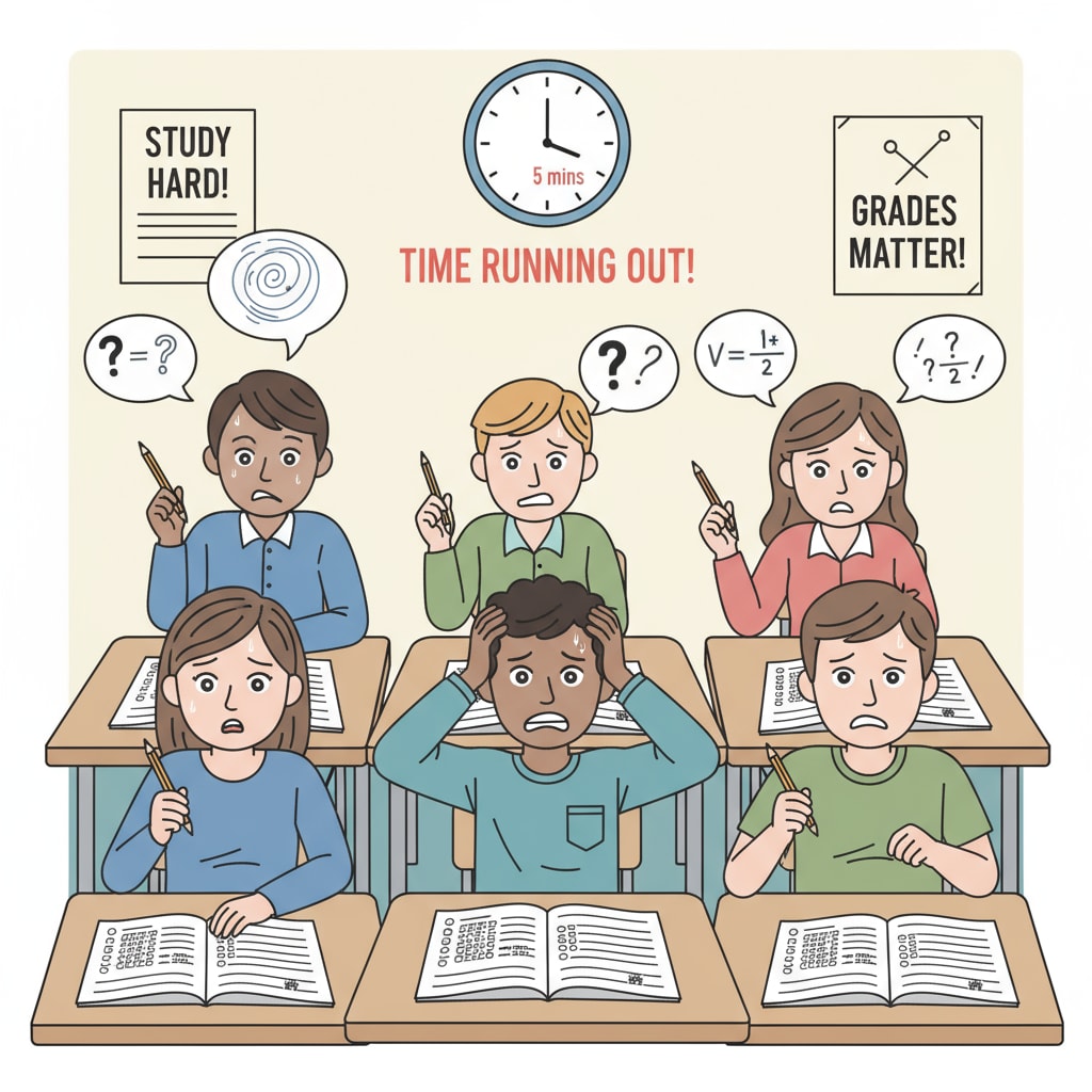 A group of students looking stressed while taking a standardized test, with worried expressions on their faces. Students under stress during a standardized test, highlighting the limitations relevant to student assessment, educational perspectives, and teaching strategies