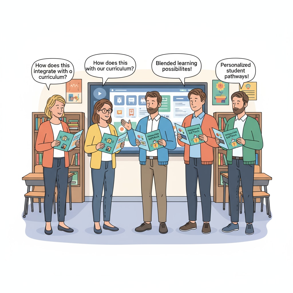 A group of K12 teachers are having an in-depth discussion around a digital whiteboard while looking at some brochures about new educational technology tools, showing their active exploration of new teaching aids. K12 teachers exploring new educational technology tools through information channels for potential adoption