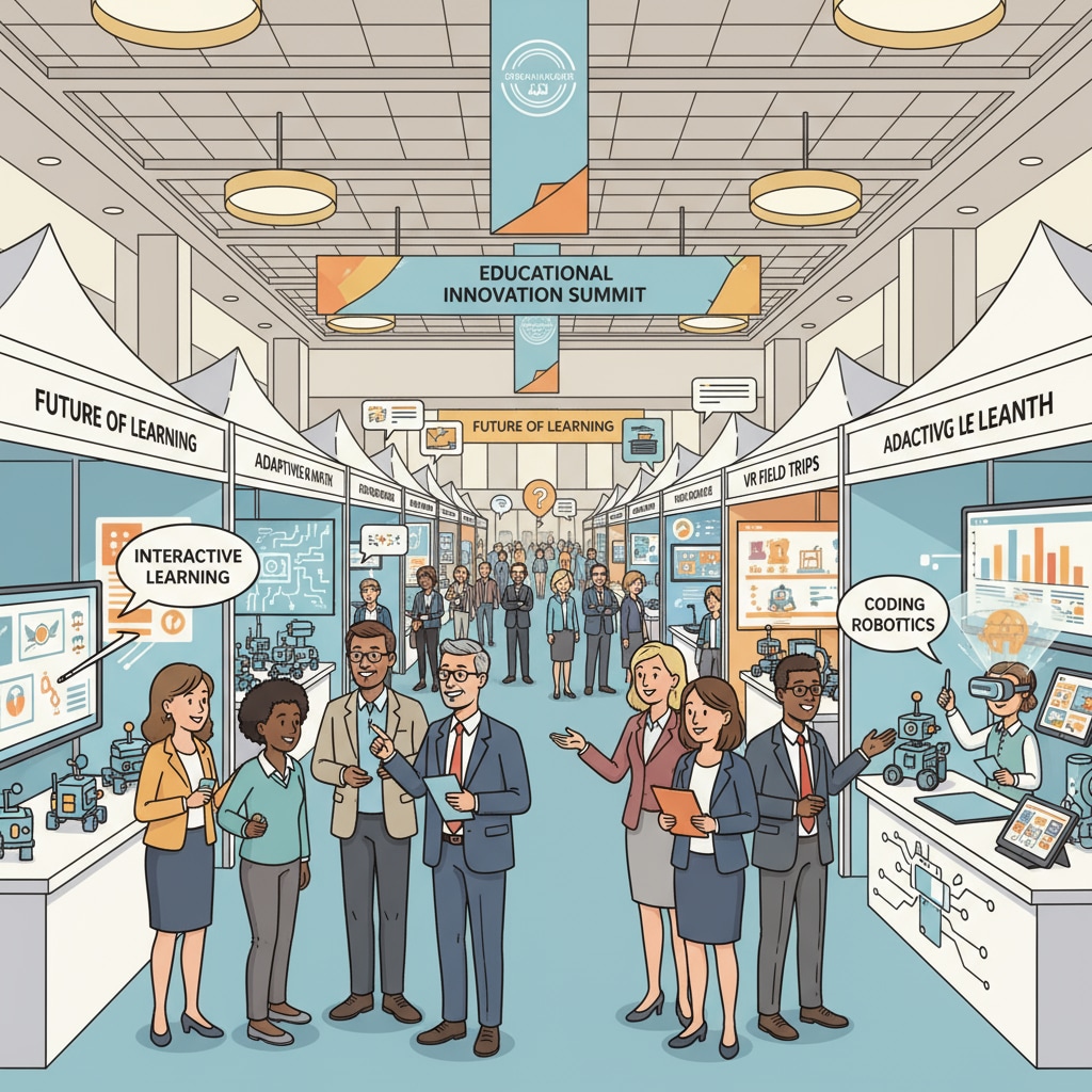 An educational conference hall is filled with numerous booths. Representatives at the booths are demonstrating different educational technology tools to interested teachers, highlighting the variety of technologies available for discovery. Teachers discovering new educational technology tools at an educational conference for possible adoption