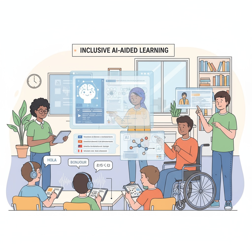 An illustration shows students from diverse backgrounds actively participating in video learning with the help of AI, highlighting the inclusive nature of AI-assisted video teaching. Students engaged in AI-assisted video learning for educational equity