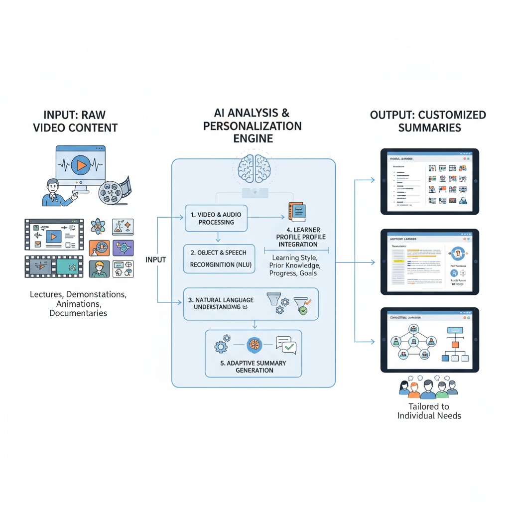 A diagram demonstrates the process of AI analyzing video content and generating customized summaries tailored to individual students' learning requirements, emphasizing the personalized aspect of AI in video teaching. AI generating personalized video content summaries for learning equity