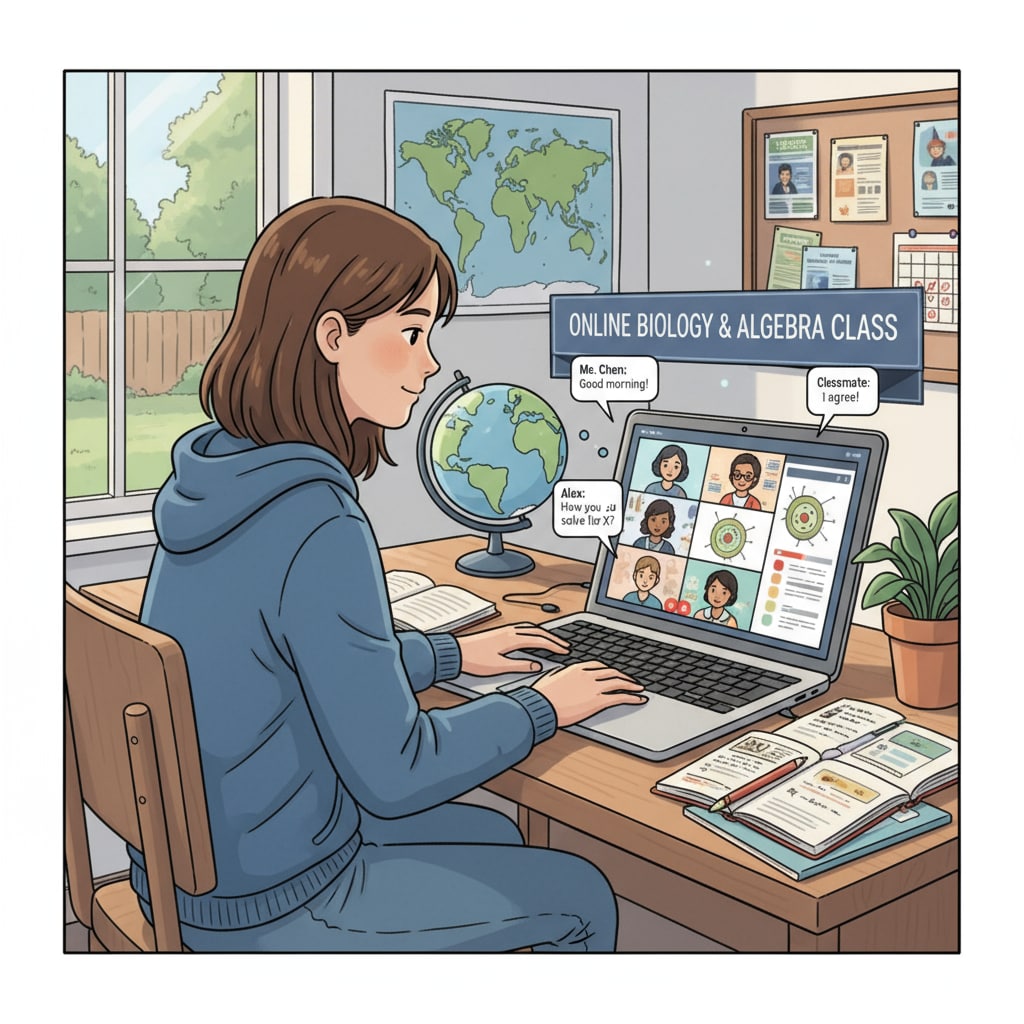 A teenager is sitting at a desk, using a laptop to participate in an online high school class. The screen shows educational materials and interaction with teachers and classmates. American teenager studying high school courses online overseas