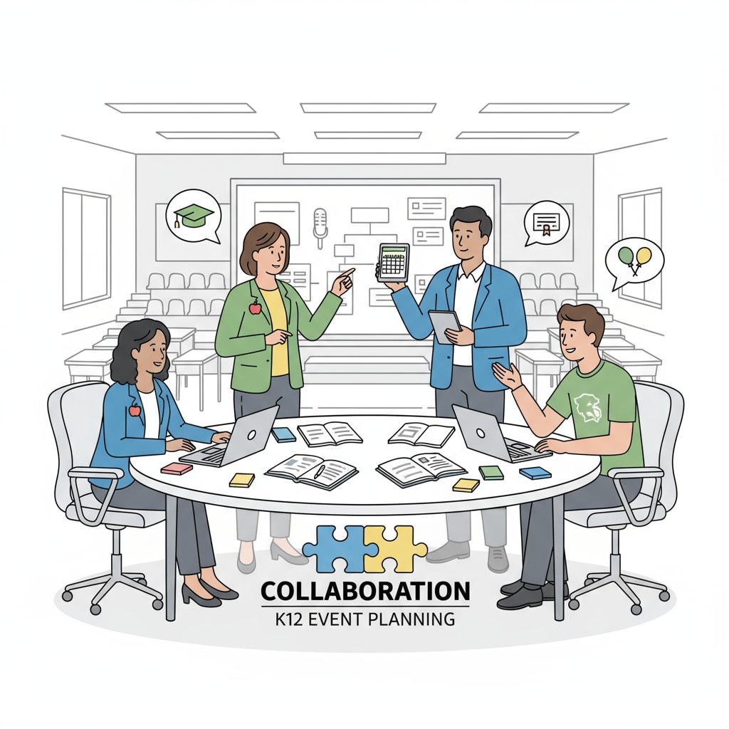 A group of event planners are engaged in a discussion, highlighting the collaborative nature of event planning in K12 education. Event planners discussing an educational event, associated with event planning, certification, and career development