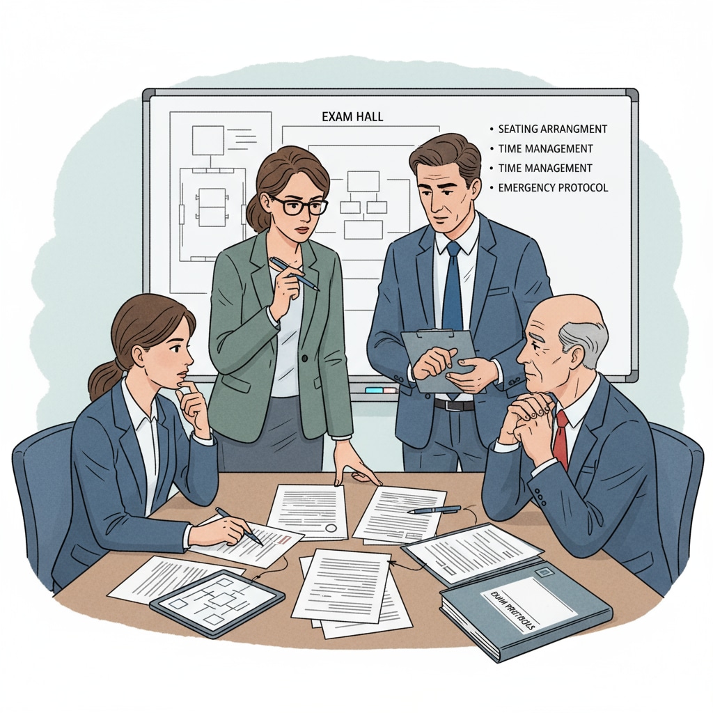 A group of test invigilators is engaged in a discussion about the procedures to be followed during an exam. They are looking at some documents and seem to be in a serious conversation. Test invigilators discussing exam procedures as part of their work experience and recruitment training