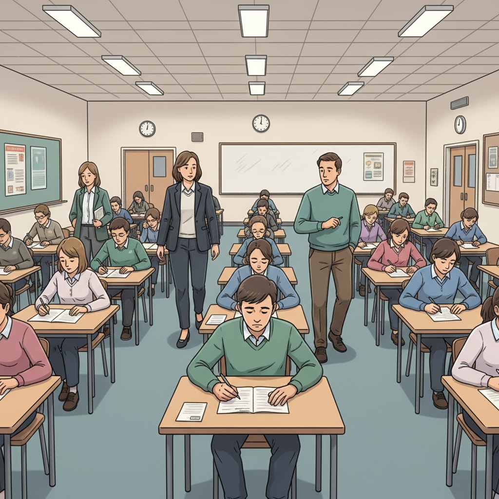 Test invigilators are walking around the exam hall, carefully observing students. The students are focused on their exams, and the invigilators are vigilant. Test invigilators observing students during an exam to ensure fairness as part of their work experience and recruitment requirements