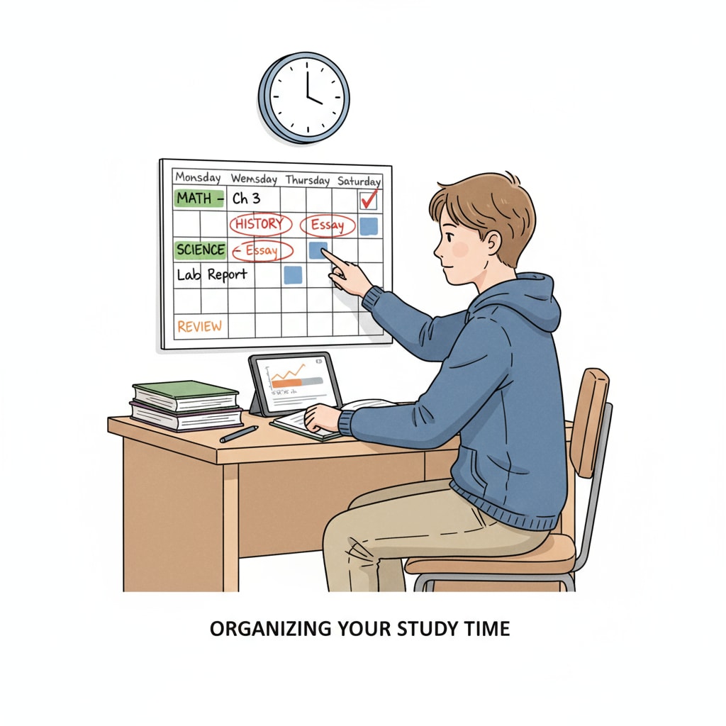 A student is sitting at a desk, looking at a calendar with a study schedule marked on it. A student using a study schedule for exam preparation