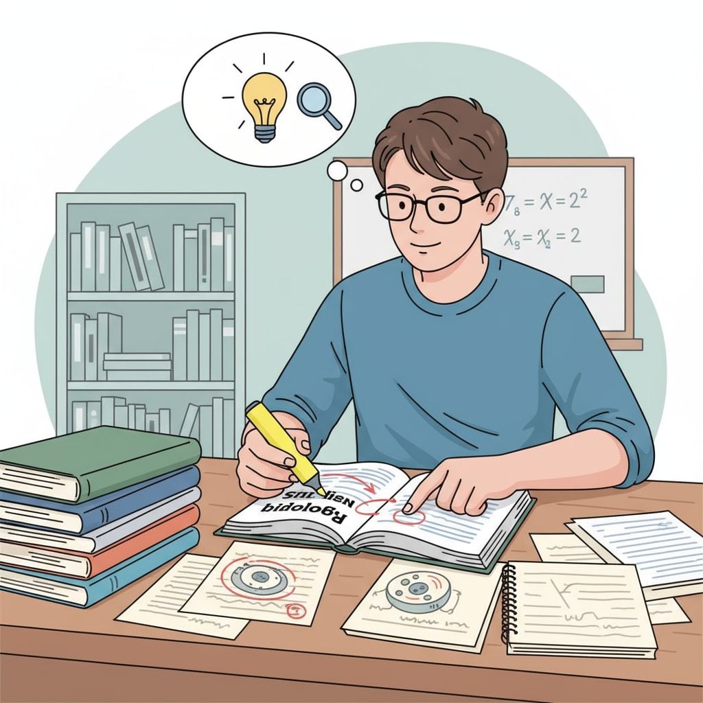 A student is looking at textbooks and lecture notes, highlighting important points. A student reviewing key concepts for academic success