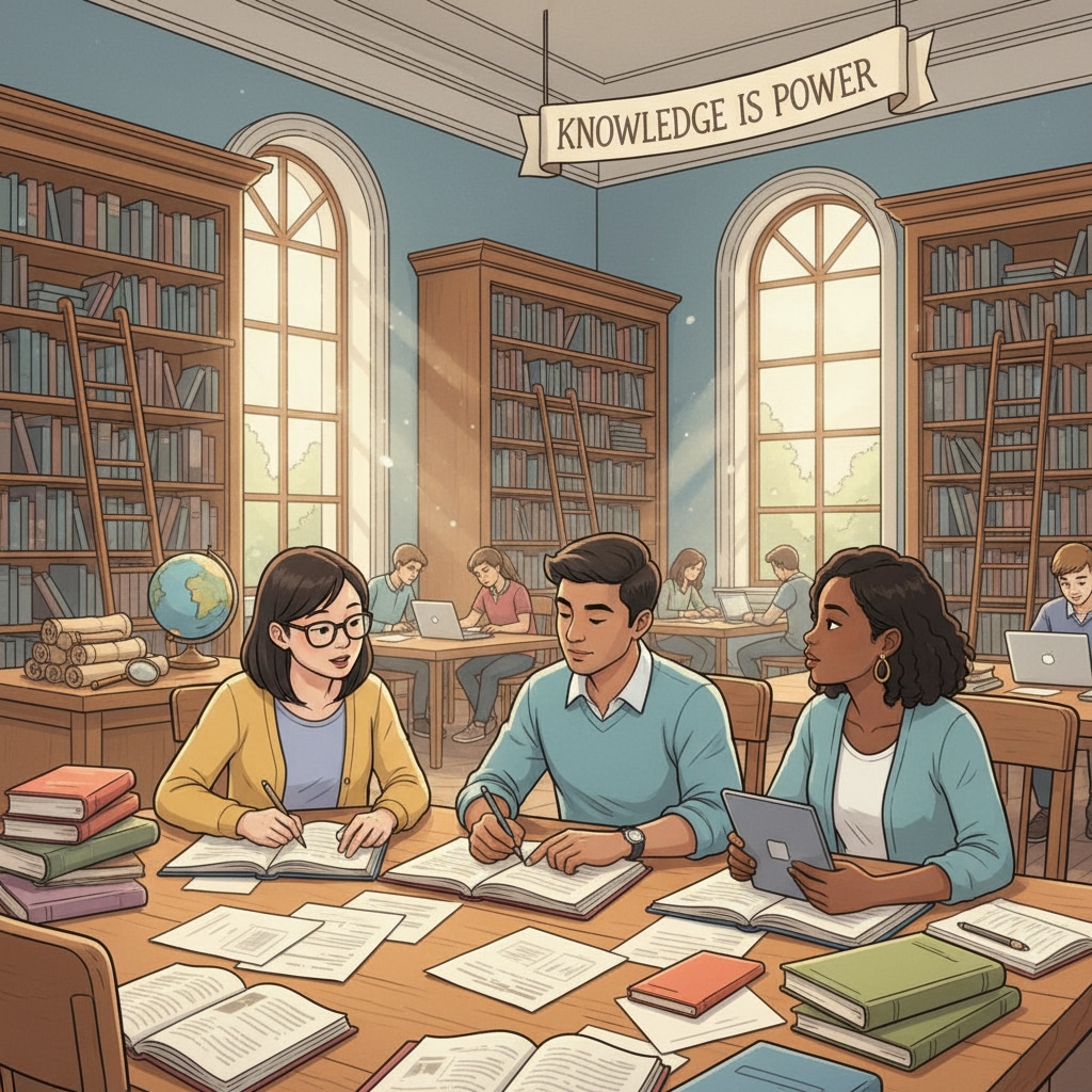 A group of students studying in a library, indicating a dedicated academic environment. Students demonstrating academic dedication in a library setting for college applications.