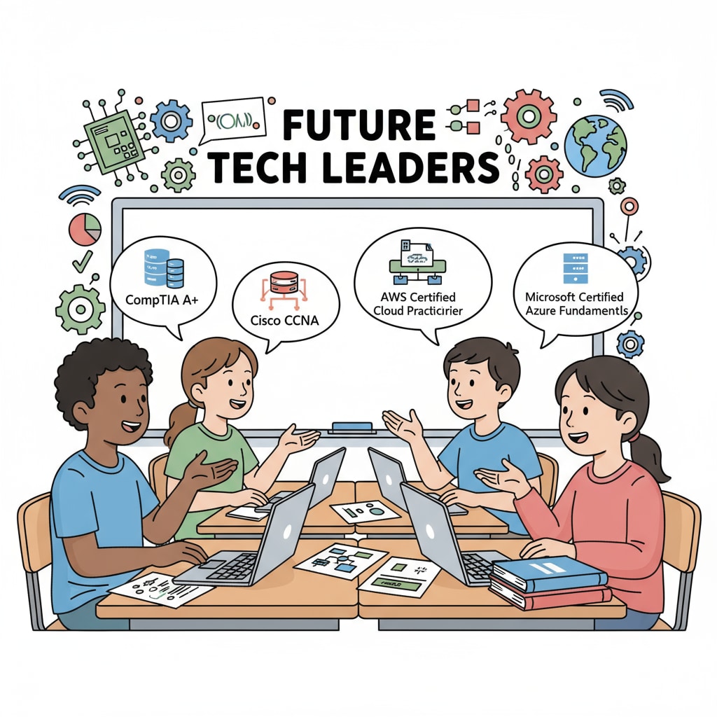 A group of K12 students are gathered in a classroom, animatedly discussing various tech certifications. There are books and laptops on the desks, showing their eagerness to learn about software engineering. K12 students discussing software engineering tech certifications