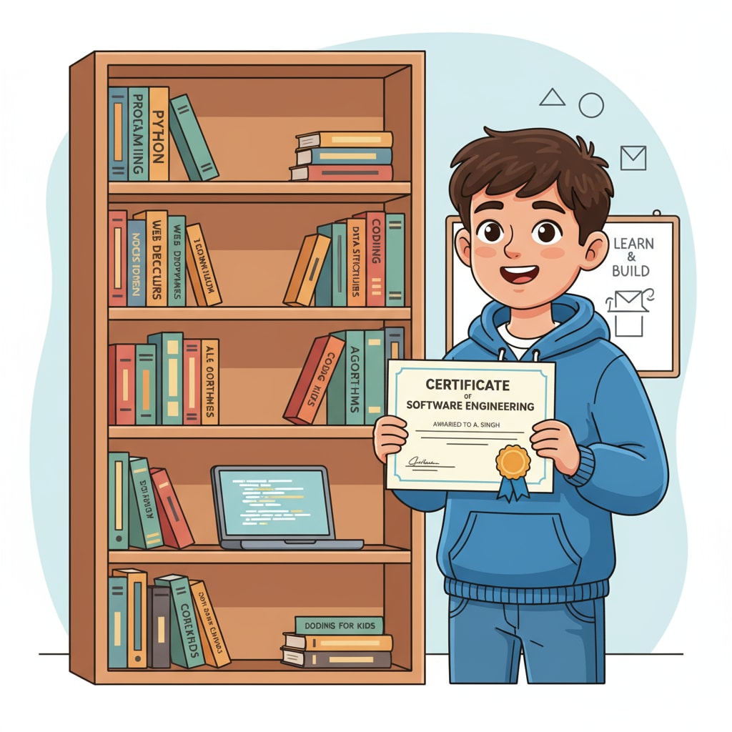 A young student is standing in front of a bookshelf, proudly holding a software engineering certificate. There are some coding books on the shelf, indicating the student's interest in the field. Student holding a software engineering certificate related to IBM AI