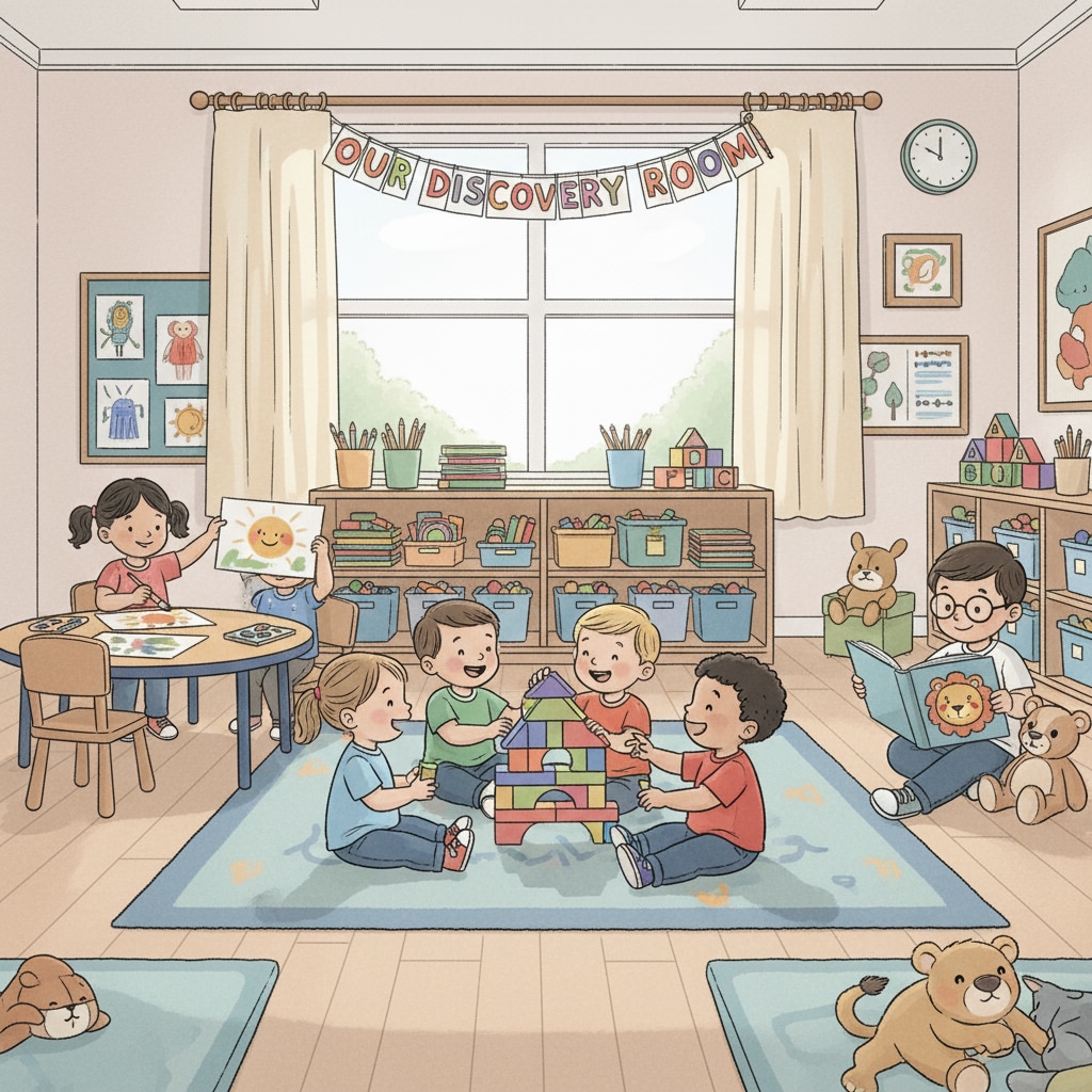 A group of young children are engaged in various activities in a private preschool classroom. There are colorful toys and learning materials around. Young children learning in a private preschool, related to education choices for siblings between private and public schools