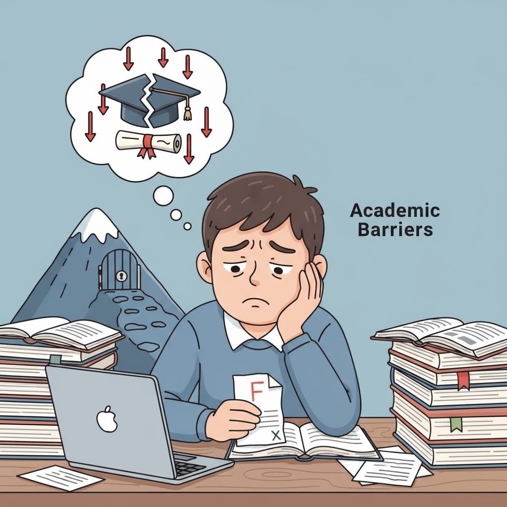 A student sitting at a desk, looking stressed, representing the challenges of academic failure A stressed student at a desk associated with academic expulsion, student failure, and university impact