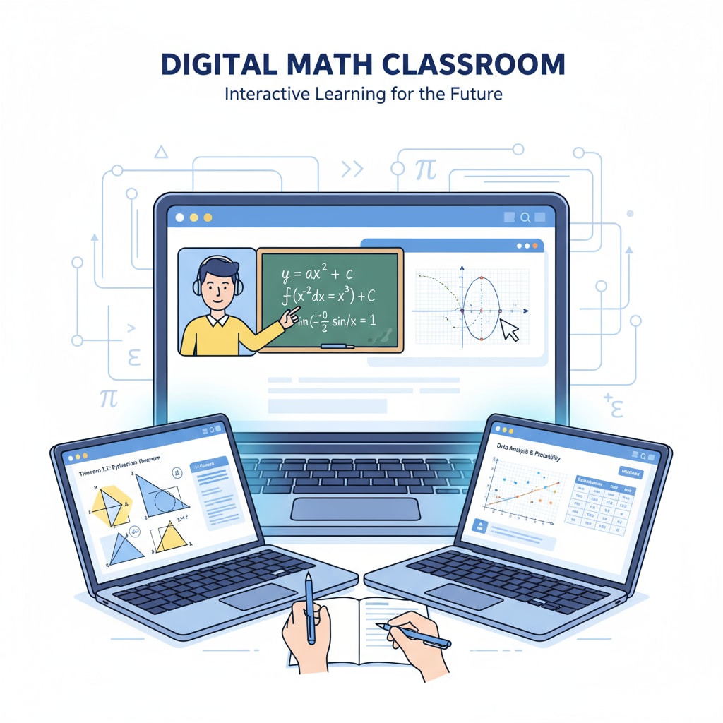 An image depicts students participating in an online math class, with their laptops showing various math equations and graphs, highlighting the digital learning environment for math education. Students attending an online math class related to distance education and mathematics degrees