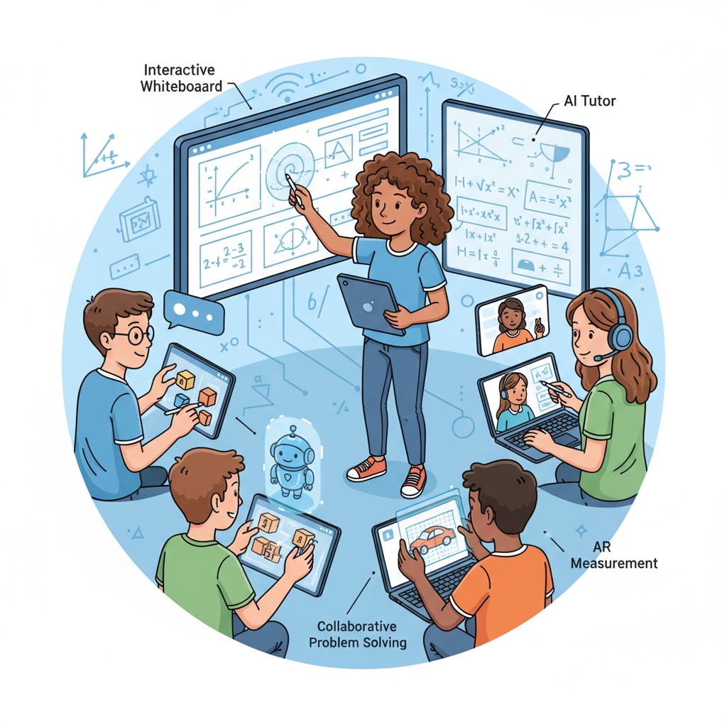 The picture shows students actively working on math problems using different online educational tools, demonstrating the hands-on learning experience in distance math courses. Students using online educational tools for math learning in distance education